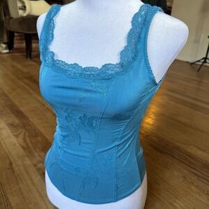 Arianne vintage y2k Blue Floral Lace Trim Corset Style Camisole Tank Top